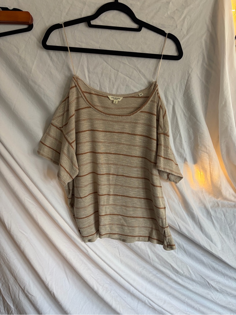 Max Studio Cream and Tan Striped Cold-Shoulder Knit Tee